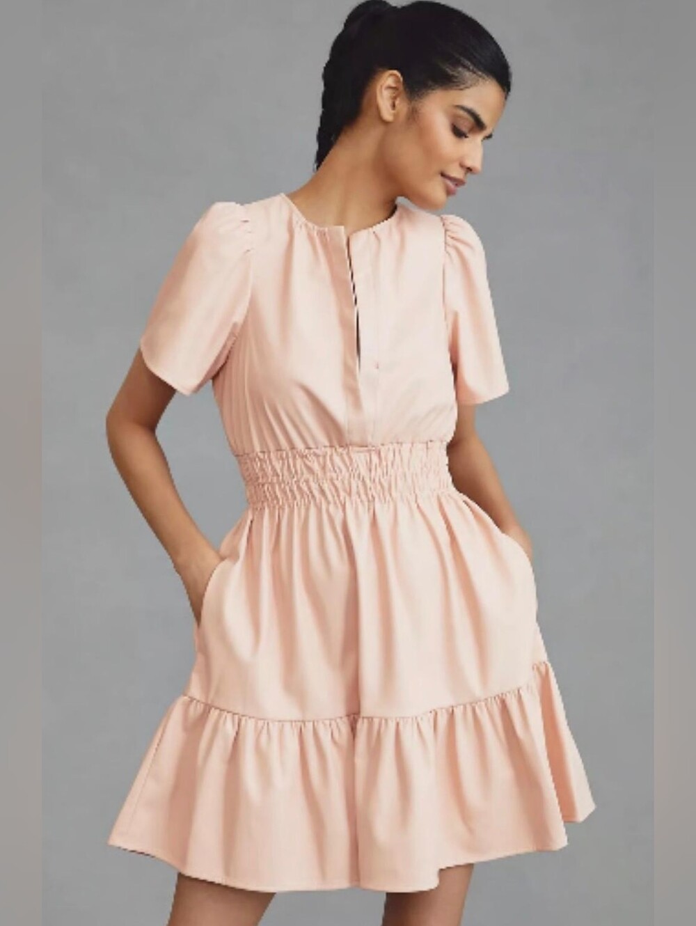 Anthropologie Somerset Blush Pink Short-Sleeve Tiered Mini Dress XS